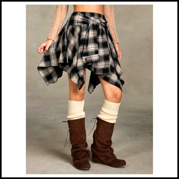 Plaid Pleated Mini Skirt, Asymmetrical Tie Front, High Waisted, Non-Stretch - Picture 4 of 6